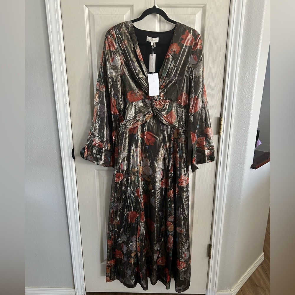 Anthropologie Caballero NWT Metallic Floral Maxi Dress Long Sleeve Sz Med Shiny - Picture 3 of 16
